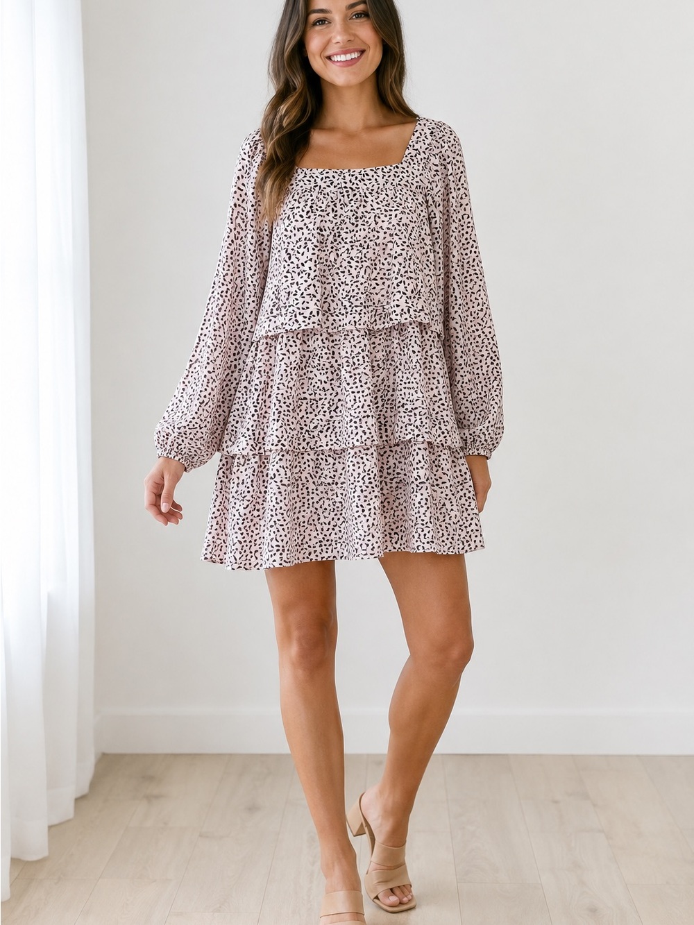 Who What Wear Pink Leaf Print Tiered Dress M